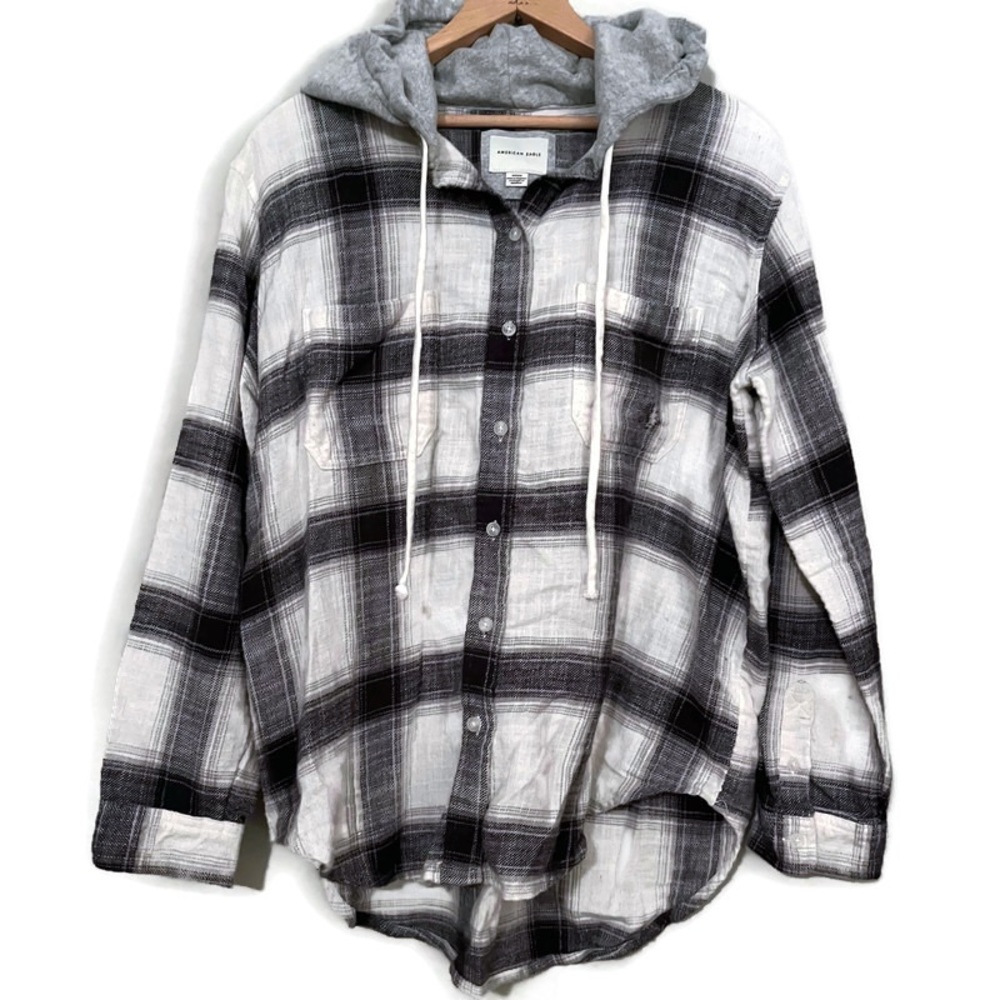 American Eagle Hooded Flannel Off White and Black/grey Women’s Size Medium